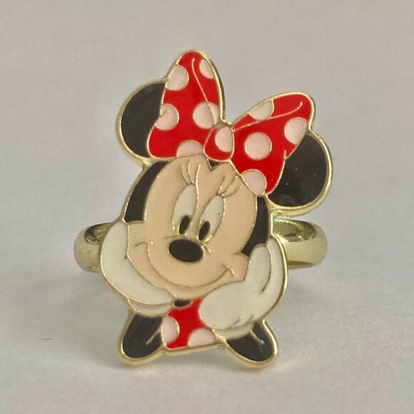 Disney Parks Minnie Mouse Ring Size 7 8 Signed Adjustable Red Bow Dots Enamel - Picture 11 of 12